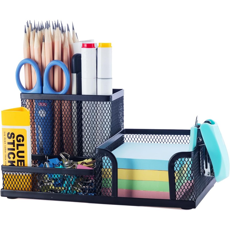 M&G Mesh Pen Holder Desk Organizers Pencil Holder for Desk Black, 3 Compartments Metal Office Supply Organizer with Sticky Notes Holder for School Home Office