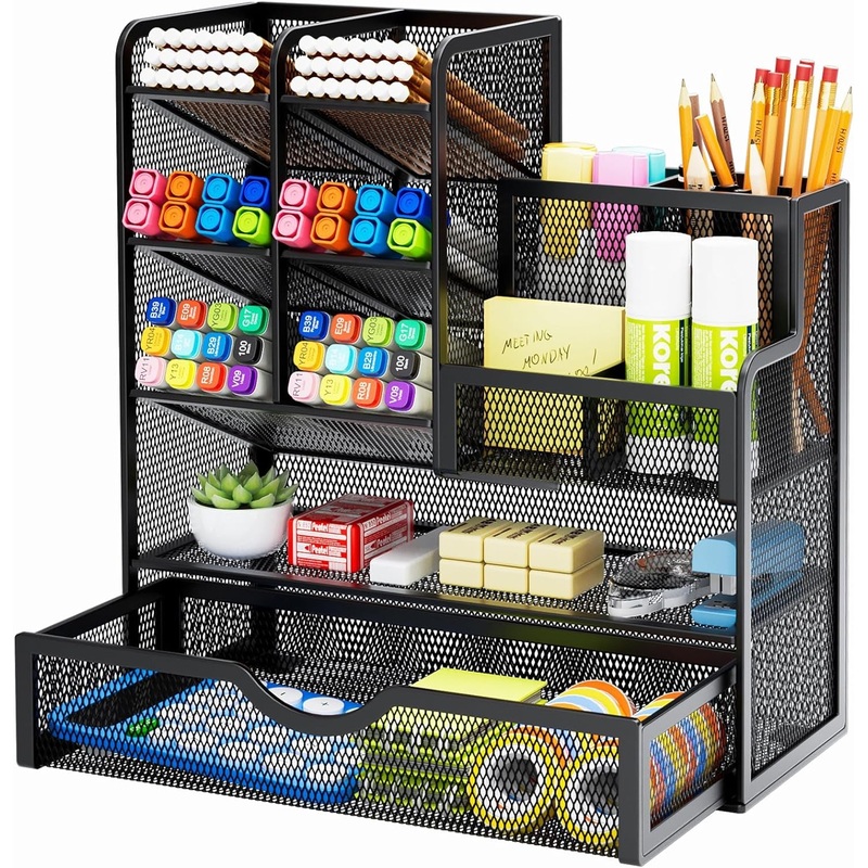 Marbrasse Mesh Pen Holder for Desk, Multi-Functional Pencil Organizer with Drawer, Desk Organizers and Accessories for Office Art Supplies (Black)