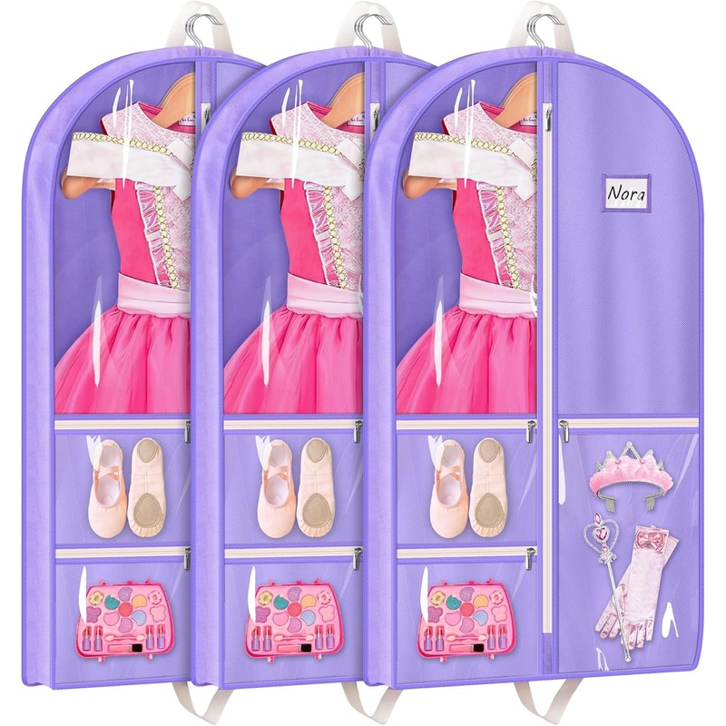 MISSLO Dance Garment Bags for Dancers 40" Garment Bags for Dance Costumes with 3 Pockets Cheer Uniform Garment Bag Hanging Kids Garment Bag for Competition, Travel, 3 Packs, Purple