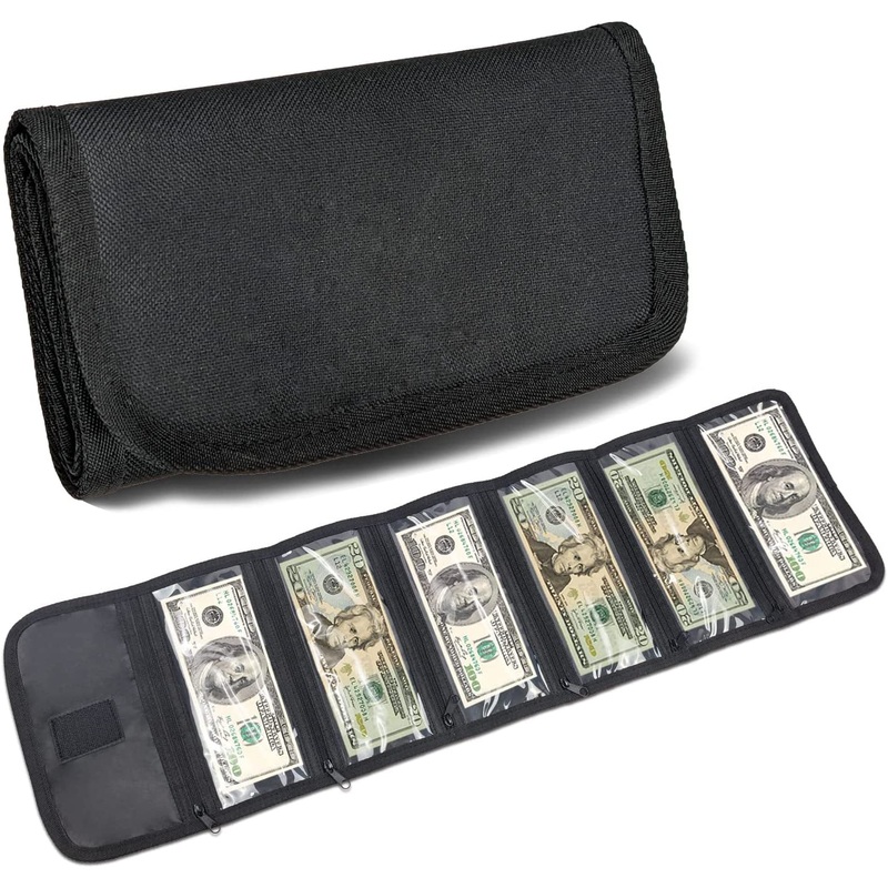 Money Organizer Cash with 6 Zippered Pocket, Cash Bill Organizer, Travel Wallet, Black