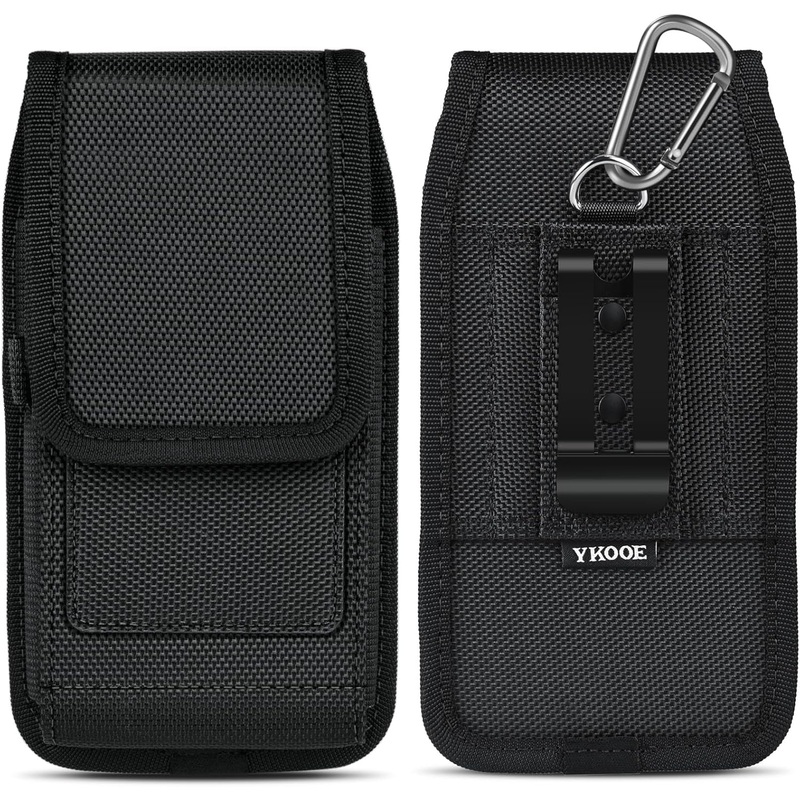Nylon Phone Belt Pouch with Velcro Closure, Belt Clip & Carabiner Hanging, Universal, Black, XL