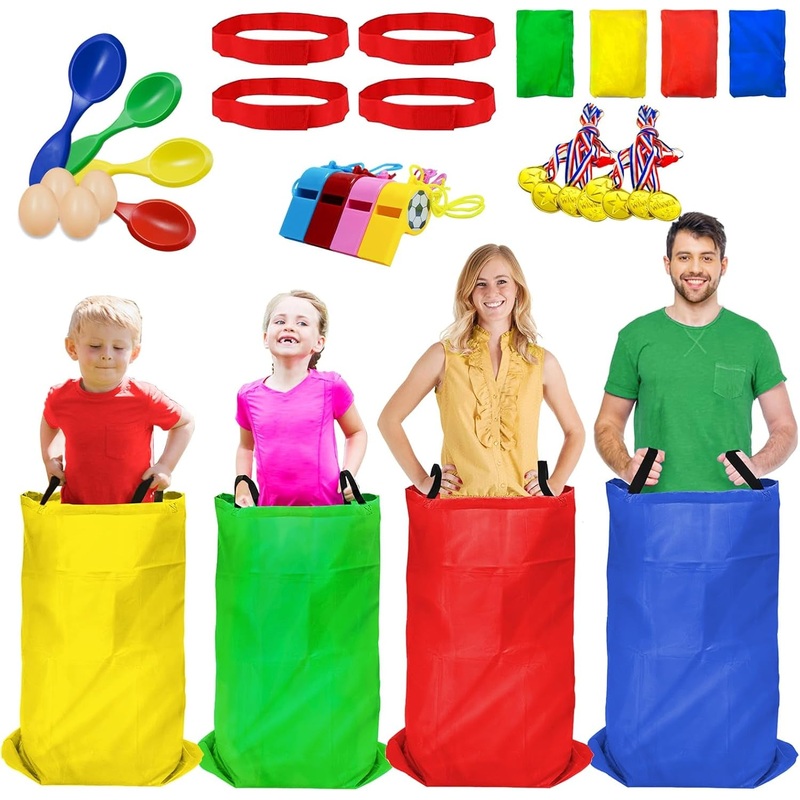 Potato Sack Race Bags - 32PCS Outdoor Games Sack Race Bags for Adults and Kids,3 Legged Race Bands,Egg Spoon Relay Race,Bean Bag Toss,Party Games for Kids,Field Day Games for Adults