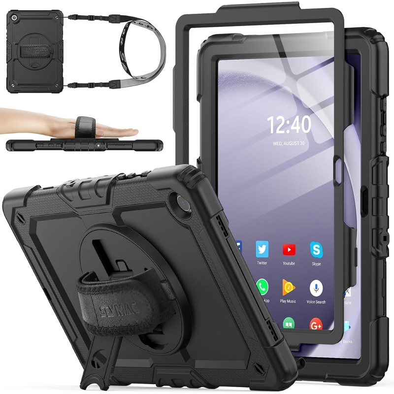SEYMAC Stock Case for Samsung Galaxy Tab A9+ plus 11'', Full-Body Drop Protection Case with Screen Protector Pencil Holder [360 Rotating Hand Strap] &Stand, Black