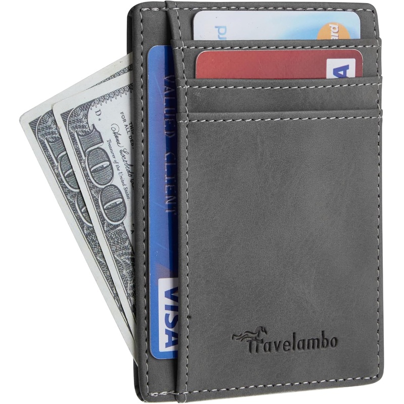 Slim Front Pocket Wallet Minimalist Leather Card Holder - Grey