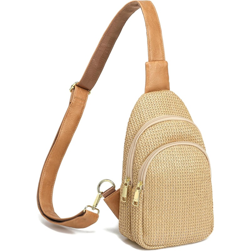 Straw Beach Sling Bag with Card Slots, Rattan Woven Crossbody