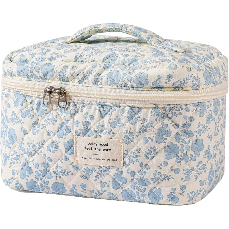 Travel Quilted Makeup Bag for Women Floral Cotton Toiletry Bag