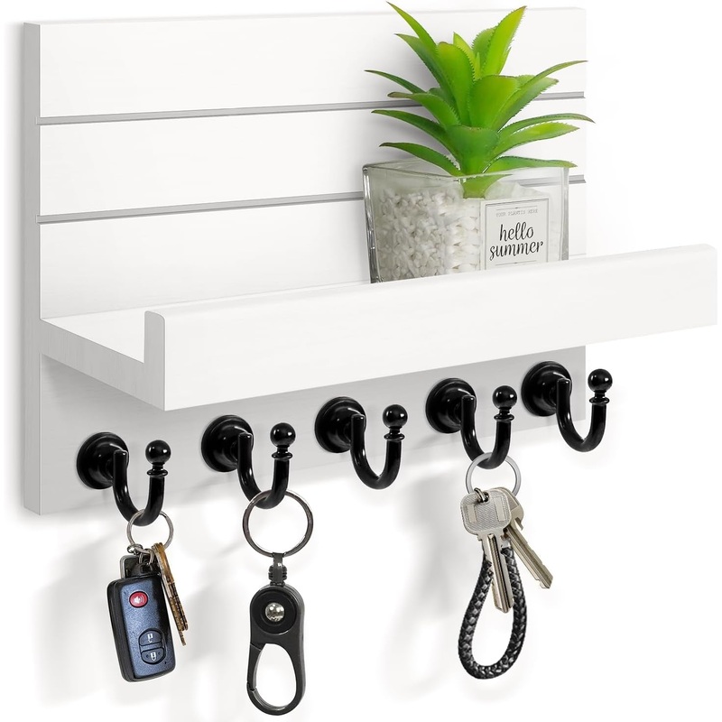 Wall Wood Key Holder with 5 Key Hooks for Kitchen and Entryway Decor, White