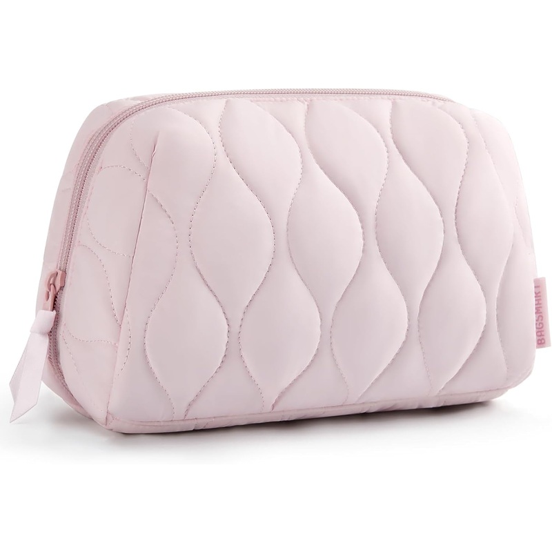 Wide-open Travel Makeup Bag, Puffy Padded Cosmetic Organizer for Women, Pink