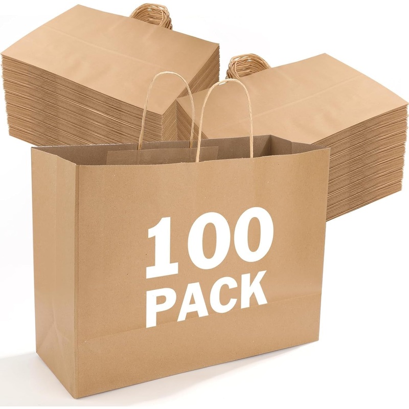 XPCARE 100Pack Large Paper Bags with Handles, 16X6X12 Inch Brown Paper Bag Kraft Shopping Bags for Business Merchandise Wedding Party Favor
