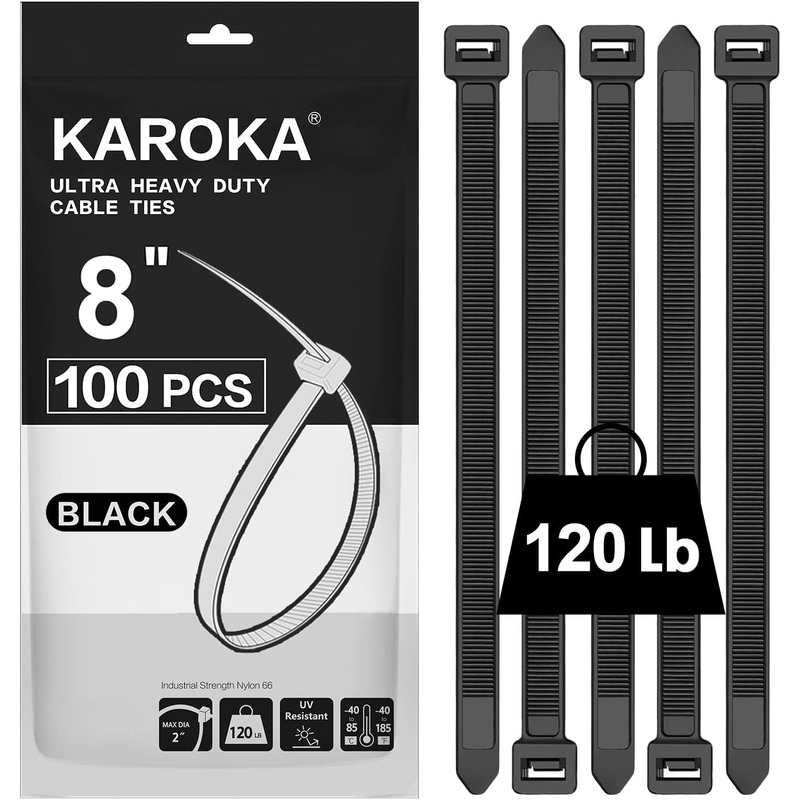 Zip Ties 8 Inch Heavy Duty Zip Ties with 120 Pounds Tensile Strength, Black Cable Ties, 100 Pieces,By Karoka
