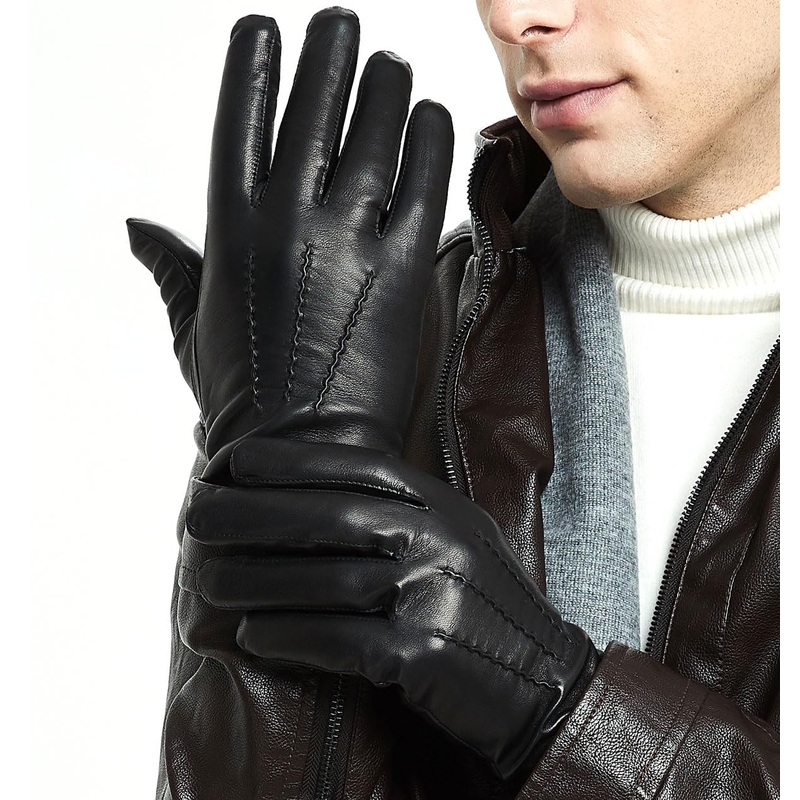 ZLUXURQ Leather Gloves for Men, Cashmere Lined Lambskin Touchsreen Gloves