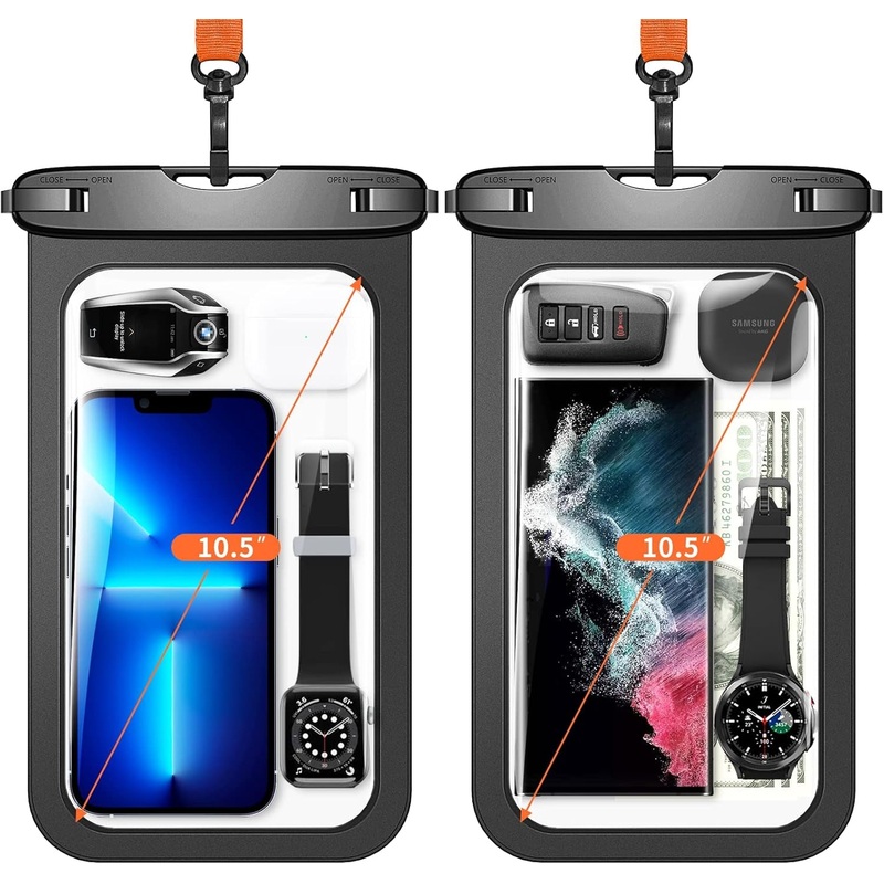 10.5 inch IPX8 Waterproof Phone Pouch with Lanyard, 2 Pack, Black