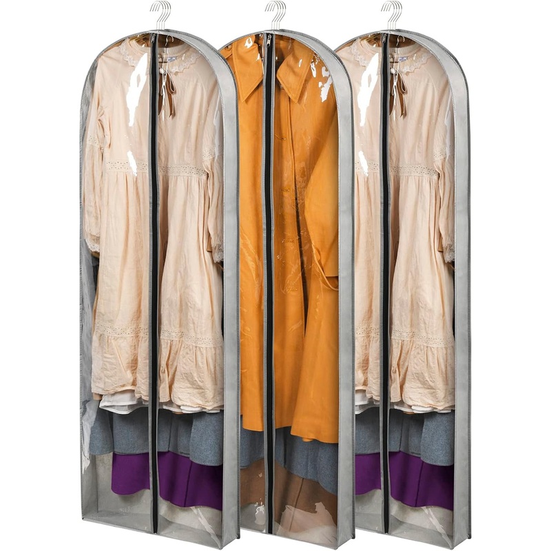 60 Inch Clear Moth Proof Garment Bags with 4" Gussets and Zipper, 3-Pack