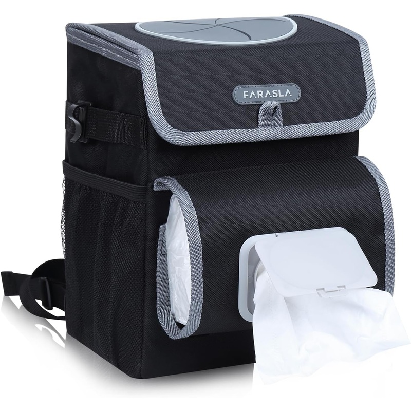 All-in-One Car Trash Can with Removable Leakproof Interior Liner, Tissue Holder & Straps