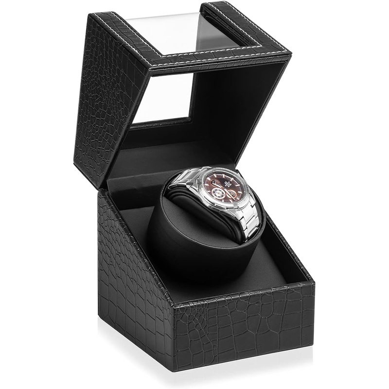 Automatic Watch Winder Crocodile Pattern Leather with Quiet Motor, Dual Power Supply