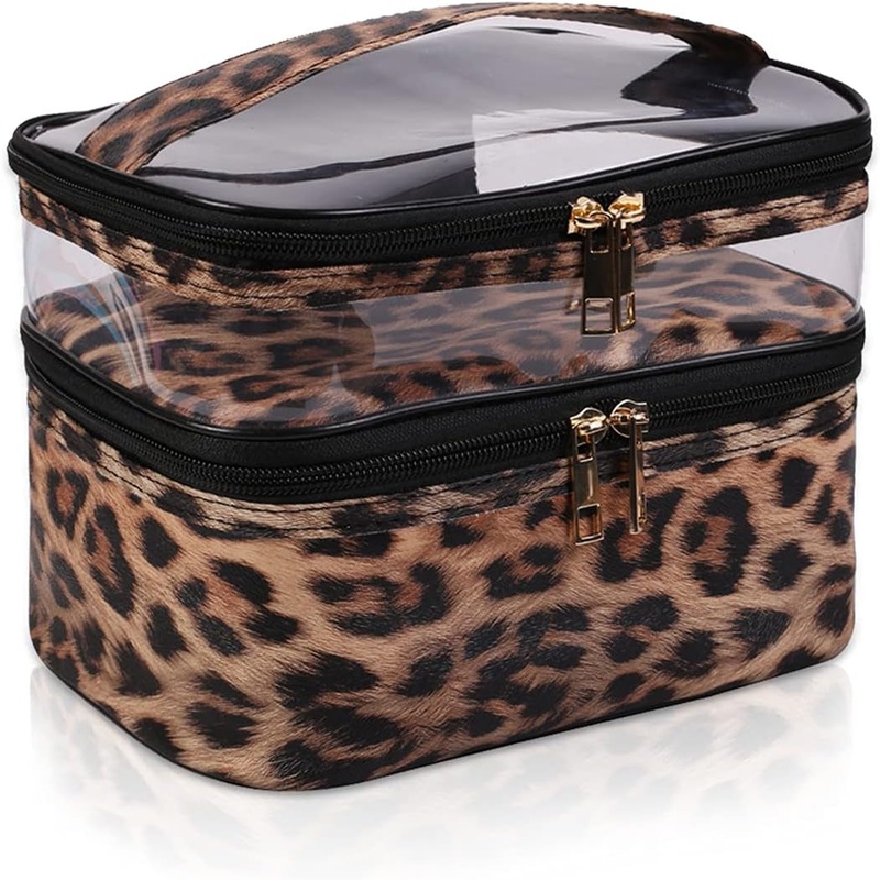 Double Layer Travel Makeup Bag for Women with Zipper, Leopard
