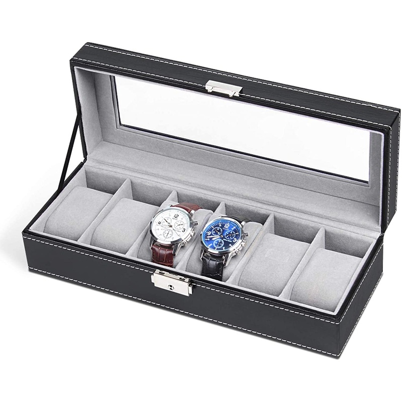Faux Leather Watch Organizer for Men with 6 Slots, Glass Top Lid, Black