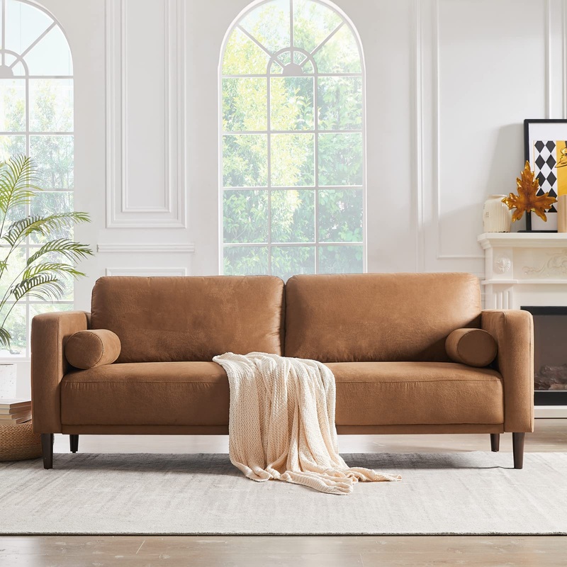 HIFIT Faux Leather Sofa with Upholstered Cushions & Pillows 3 Seat for Living Room Apartment Office, Brown 79