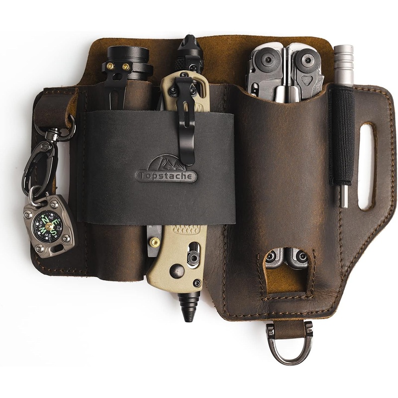 Leather Multitool Sheath, EDC Belt Organizer With 3 Pouches & Key Holder