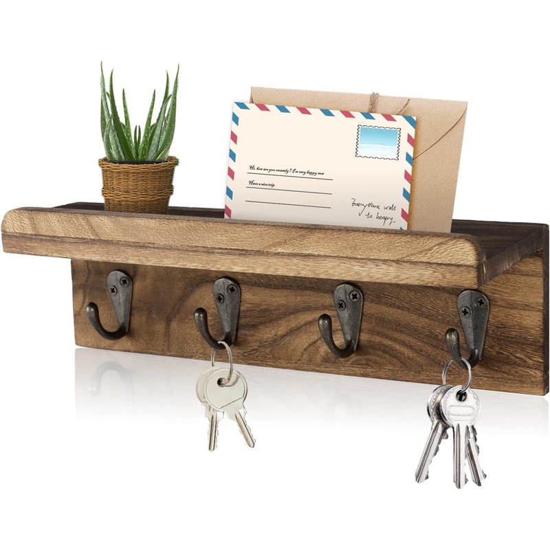 Rustic Wall Mounted Wooden Key Holder with 4 Hooks, Brown