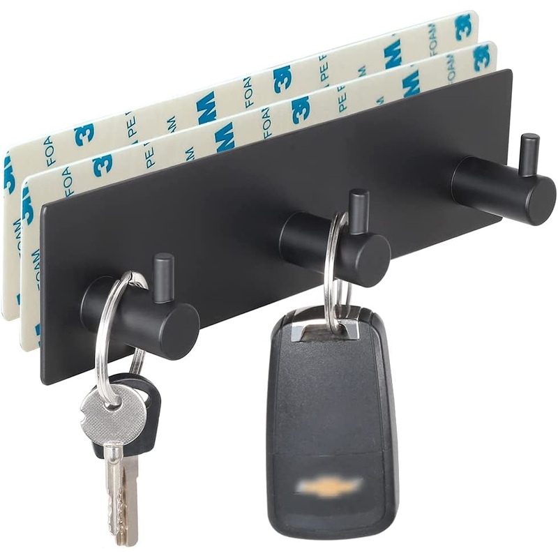 Wall Self-Adhesive Key Rack with 3 Hooks & 2 Adhesive Strips, Black