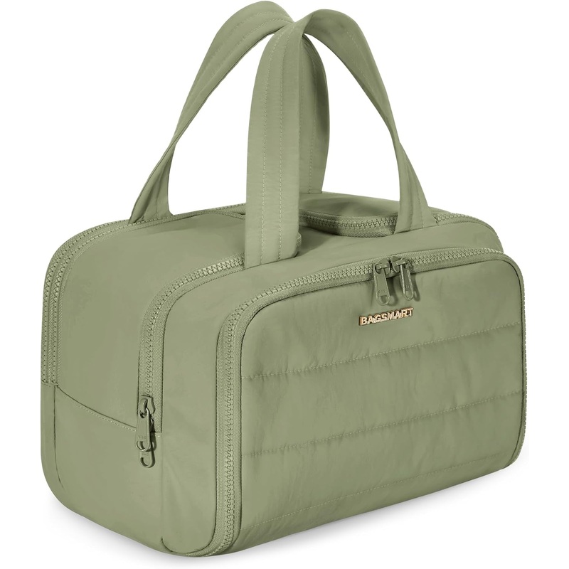 Wide-open Travel Toiletry Makeup Bag with Handle & Upright Bottle Storage, Green