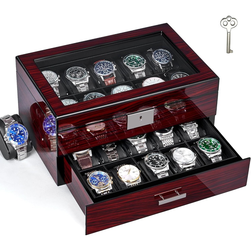 Wooden Watch Organizer with Glass Top Lid Lockable, 2-Tier, 20 Slot