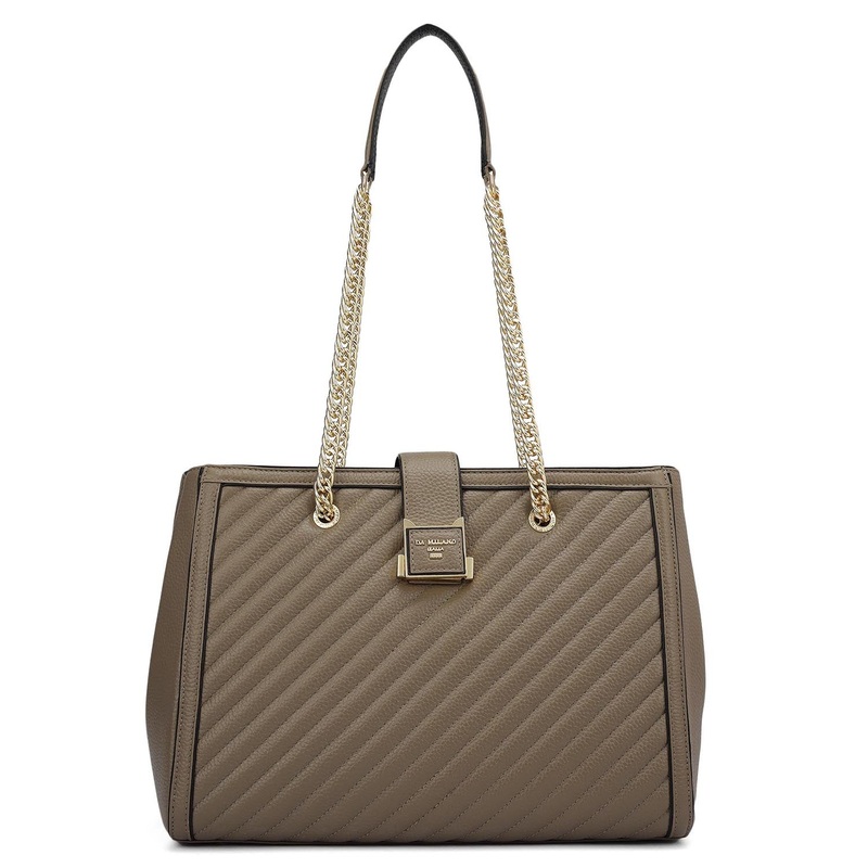 Medium Wax Stripe Leather Shoulder Bag - Greyish Taupe