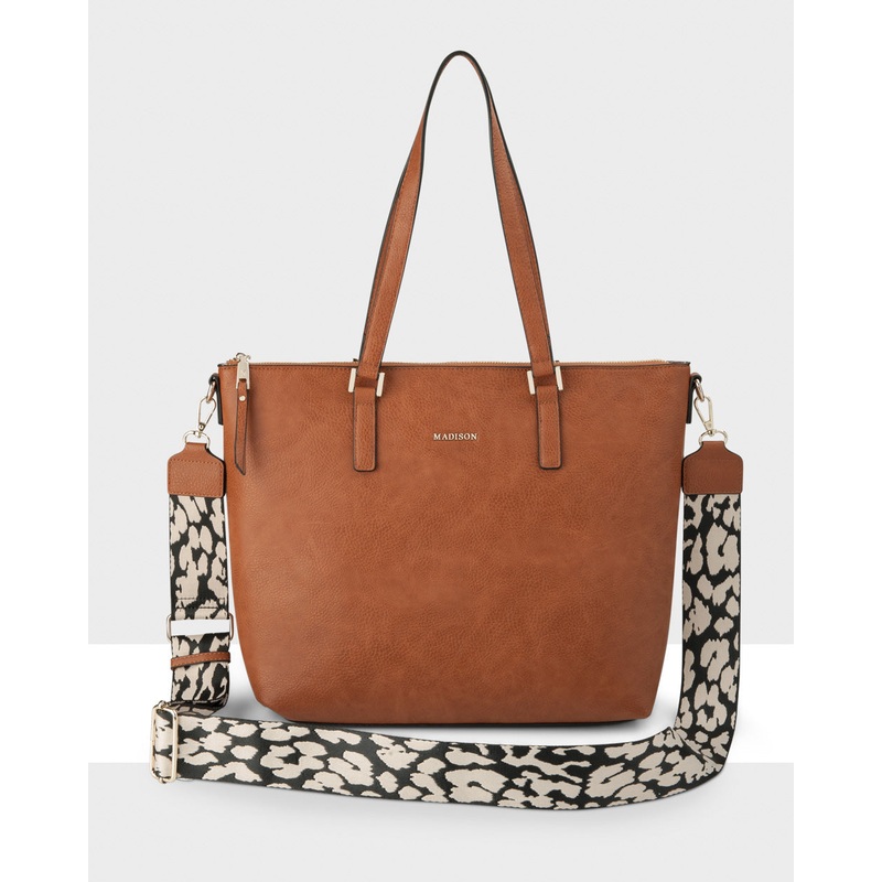 Inga Large Zip Top Tote Bag With Laptop Pocket + Leopard Bag Strap