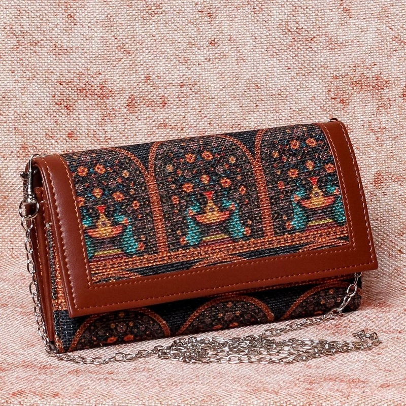 Royal Indian Peacock Motif Two Fold Wallet with Detachable Sling